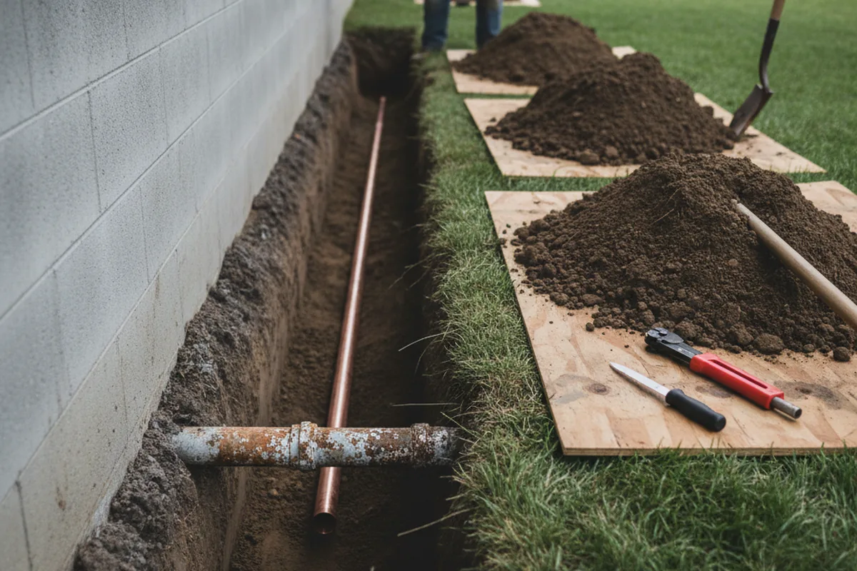 Excavated water line trench during Water Heater Repair in Rancho Santa Fe